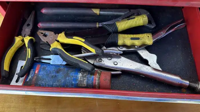 Metall Werkzeugkoffer mit Laden gut gefüllt 44 x 26 cm H 29 cm – Bild 5