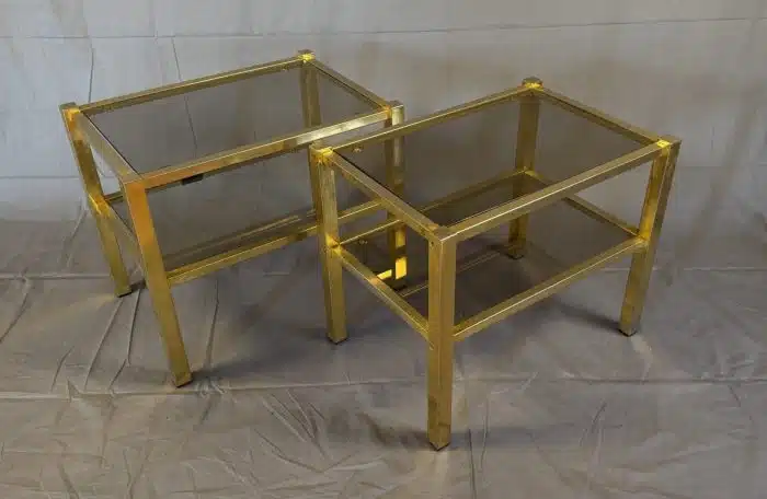 zwei Vintage Couchtische aus Messing & Glas 54 x38 cm H 46 cm