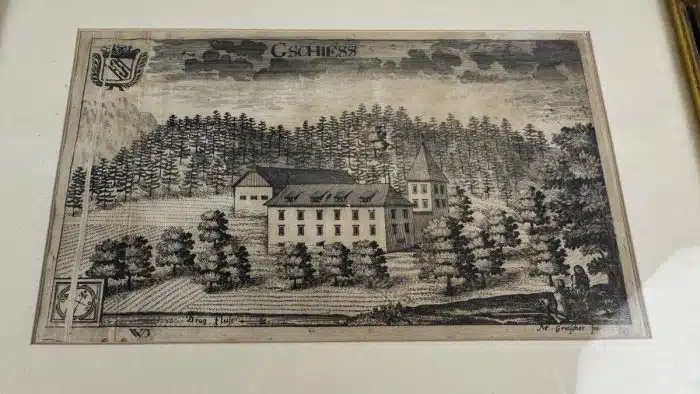 Kupferstich M. Greischer Valvasor "Gschiess" Gschieß / Baldramsdorf/ Kärnten / um 1688 – Bild 2