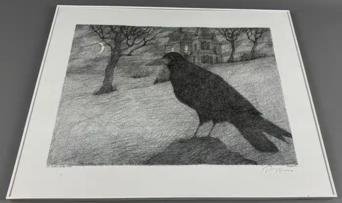 PAUL FLORA Druck signiert 50x40 cm: Rabe Zu Edgar Allan Poe mit Rahmen