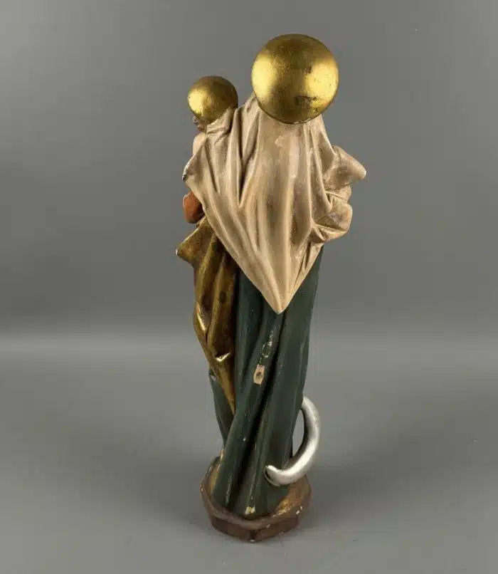 Madonna mit Kind Heiligenfigur aus Gips Polychrom gefasst Madonna mit dem Jesuskind H 43 cm – Bild 5
