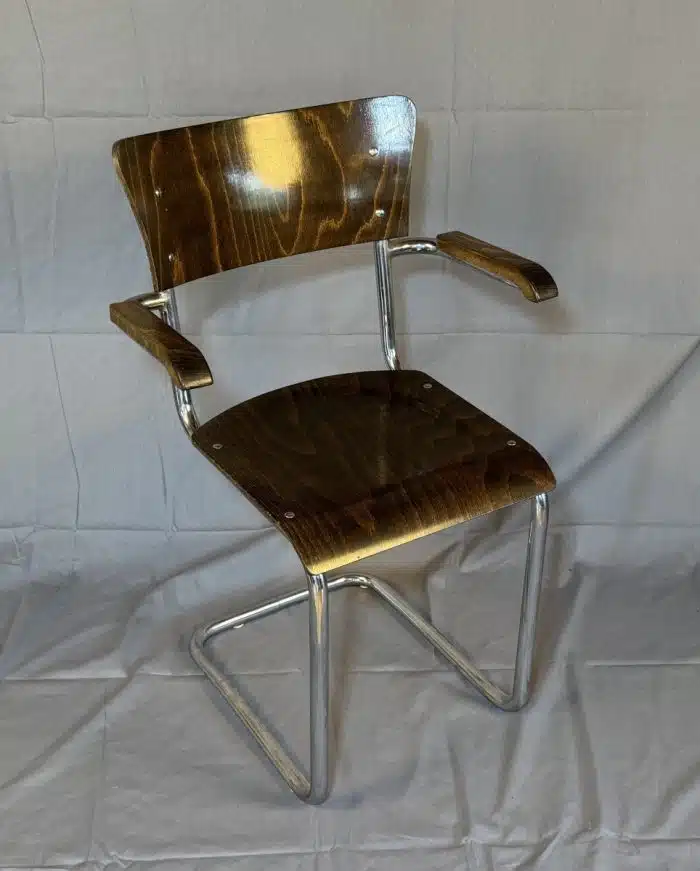 Seltener Schreibtisch - Vintage - Bauhaus ca.1960er Jahre, mit Sessel - Konstruktion aus verchromtem Stahlrohr, Höhe 78 cm, Breite 66 cm, Länge 160 cm. – Bild 13