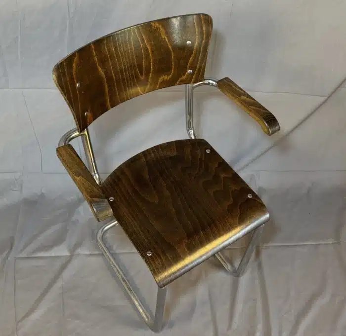 Seltener Schreibtisch - Vintage - Bauhaus ca.1960er Jahre, mit Sessel - Konstruktion aus verchromtem Stahlrohr, Höhe 78 cm, Breite 66 cm, Länge 160 cm. – Bild 14