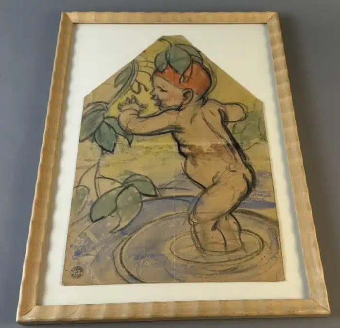 Switbert Lobisser - Aus persönlichem Besitz - Kohle und Aquarell - Entwurf zur Bauerntruhe seiner Ev. - Sommer Nachlassstempel 47x34 cm Blatt 39x25 cm