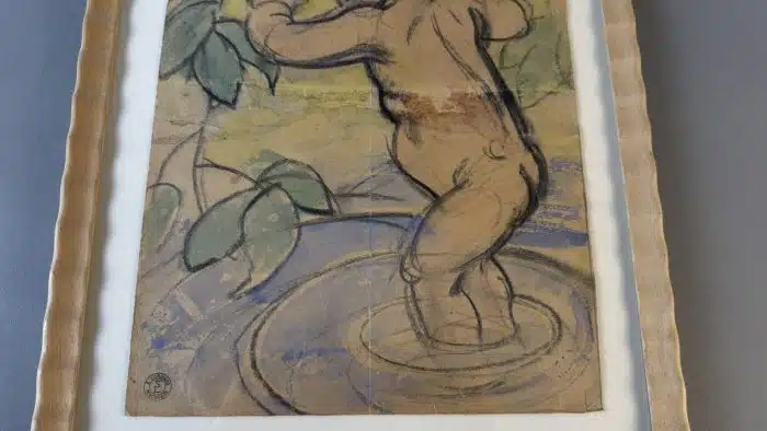 Switbert Lobisser - Aus persönlichem Besitz - Kohle und Aquarell - Entwurf zur Bauerntruhe seiner Ev. - Sommer Nachlassstempel 47x34 cm Blatt 39x25 cm – Bild 3
