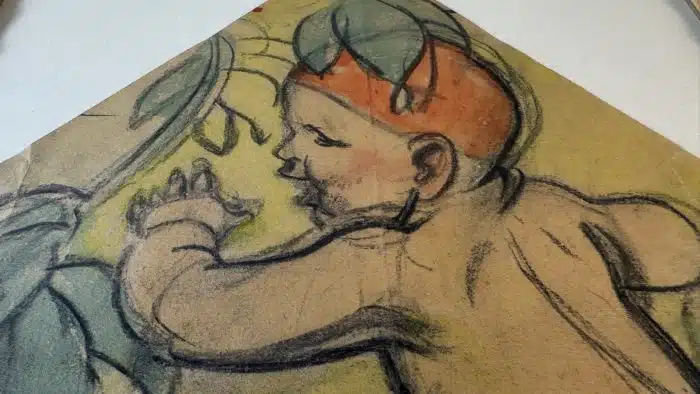 Switbert Lobisser - Aus persönlichem Besitz - Kohle und Aquarell - Entwurf zur Bauerntruhe seiner Ev. - Sommer Nachlassstempel 47x34 cm Blatt 39x25 cm – Bild 5