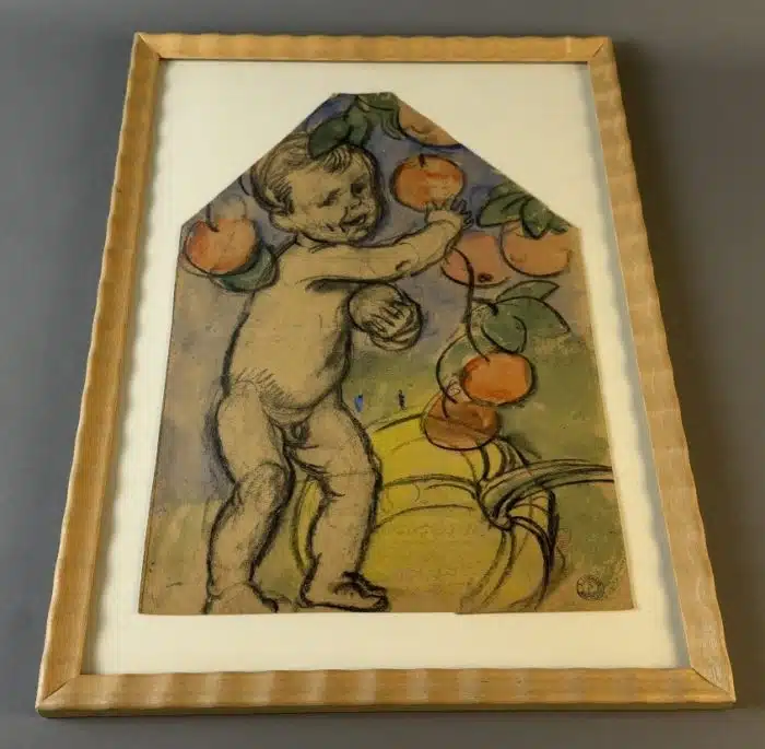 Switbert Lobisser - Aus persönlichem Besitz - Kohle und Aquarell - Entwurf zur Bauerntruhe seiner Ev. - Herbst Nachlassstempel 47x34 cm Blatt 39x25 cm