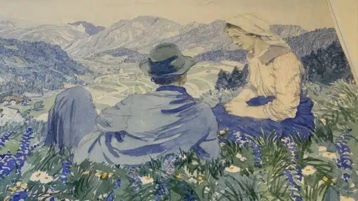 Switbert Lobisser - Aquarell -  Wiesenrast - Paar vor St. Pauler Bergen 59x52 cm Blatt 32x23 cm signiert datiert 1917 – Bild 3