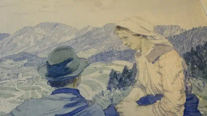 Switbert Lobisser - Aquarell -  Wiesenrast - Paar vor St. Pauler Bergen 59x52 cm Blatt 32x23 cm signiert datiert 1917 – Bild 6