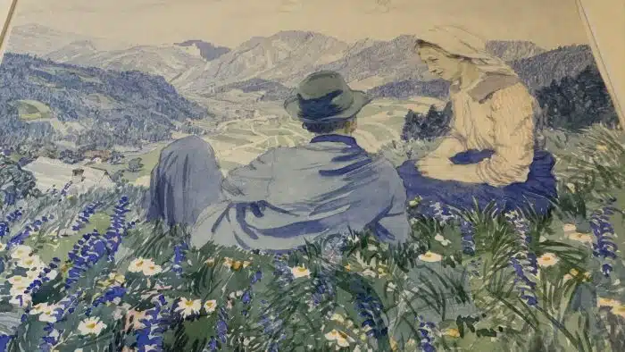 Switbert Lobisser - Aquarell -  Wiesenrast - Paar vor St. Pauler Bergen 59x52 cm Blatt 32x23 cm signiert datiert 1917 – Bild 7