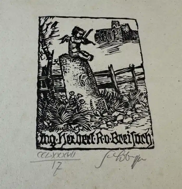 Switbert Lobisser - Holzschnitt - auf altem Brief von 1841  - Op. 287  Exlibris Ing. Herbert von Breisach 37x23,5 cm  signiert nummeriert – Bild 2