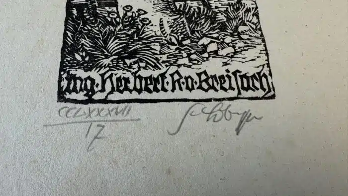Switbert Lobisser - Holzschnitt - auf altem Brief von 1841  - Op. 287  Exlibris Ing. Herbert von Breisach 37x23,5 cm  signiert nummeriert – Bild 3
