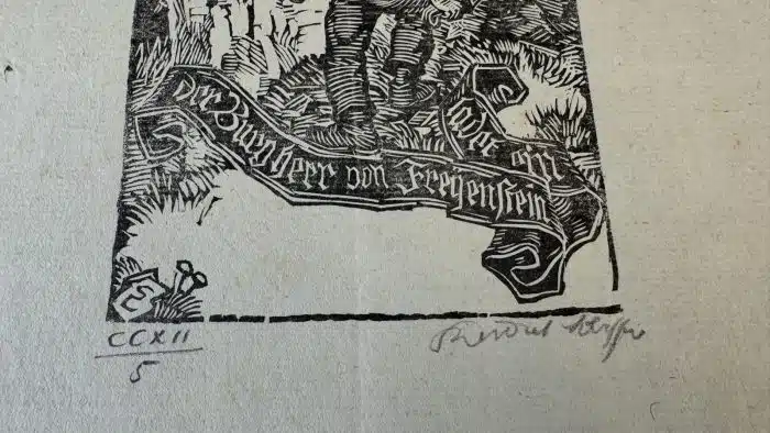 Switbert Lobisser - Holzschnitt - auf altem Brief von 1790  - Op. 212  Der Burgherr von Freyenstein ladet ein 22,5x35 cm  signiert nummeriert – Bild 4