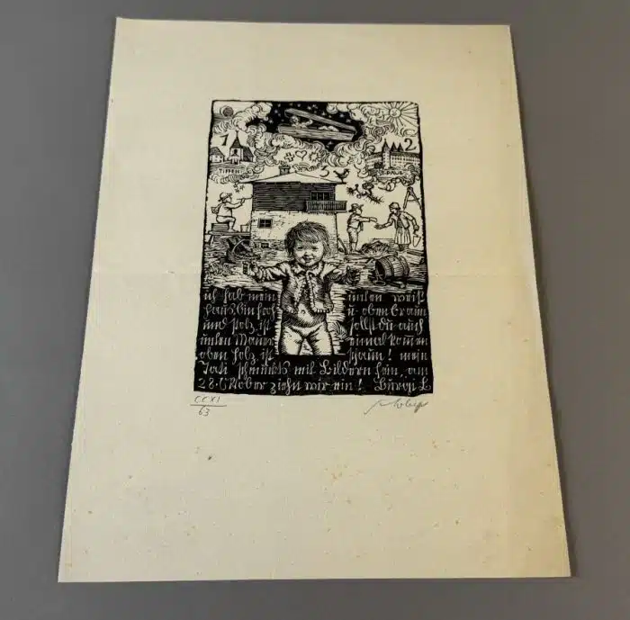 Switbert Lobisser - Holzschnitt - auf altem Brief mit Wasserzeichen Stift St.Paul - Op  211  Exlibris Margarethe Maier-Kaibitsch - 27x37 cm  signiert nummeriert