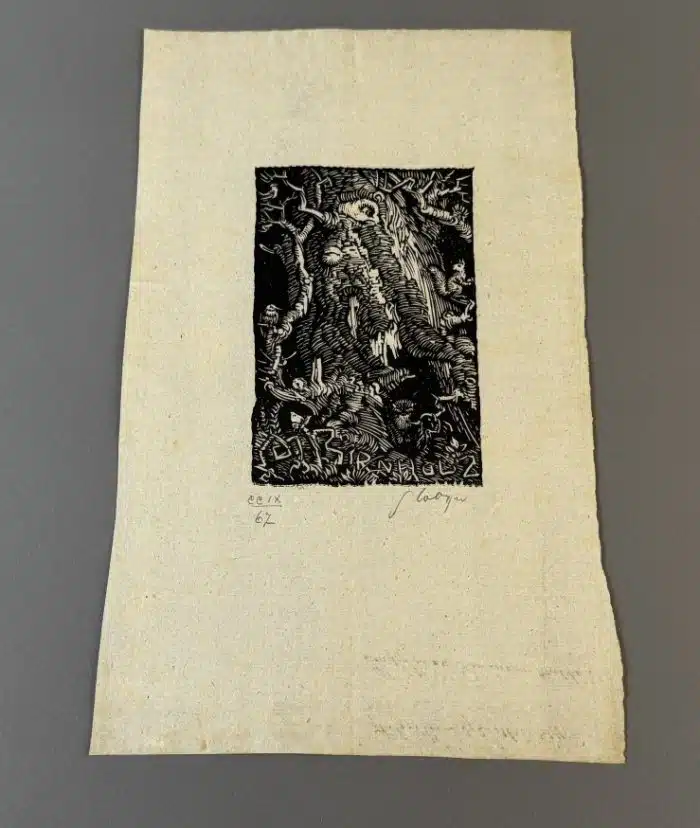 Switbert Lobisser - Holzschnitt - auf altem Brief von 1814  - Op. 210  Exlibris Marco Birnholz (II)  19x32 cm  signiert nummeriert