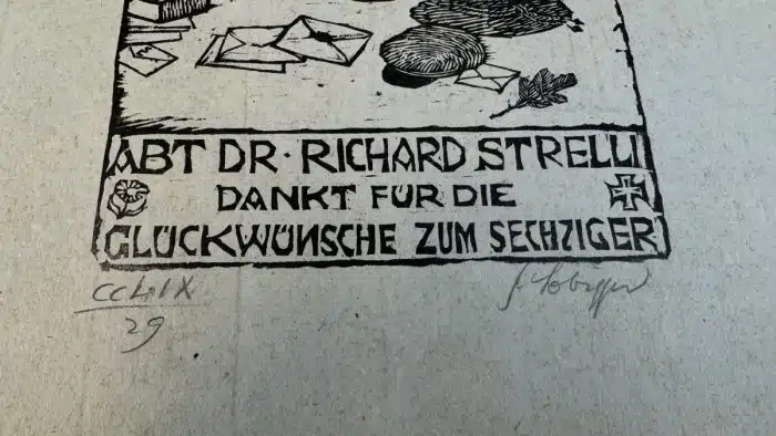 Switbert Lobisser - Holzschnitt - auf altem Brief mit Wasserzeichen Stift St.Paul - Op.259  Richard Strelli 1936 60er 22,5x34,5 cm  signiert nummeriert – Bild 3