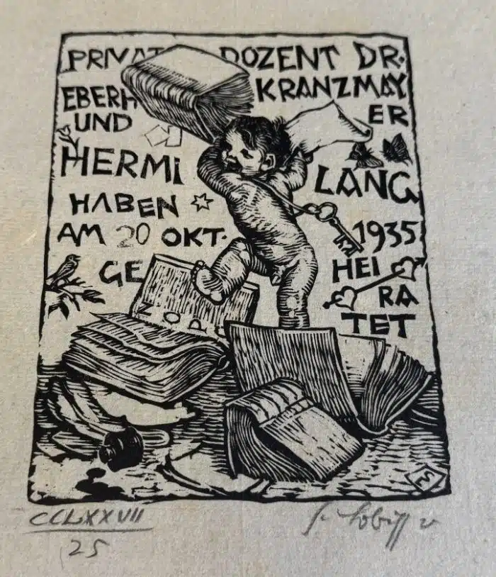 Switbert Lobisser - Holzschnitt - auf altem Brief mit Wasserzeichen Stift St.Paul - Op.277  Privatdozent Eberhard Kranzmayer, Hermi Lang  23x36 cm  signiert nummeriert – Bild 2