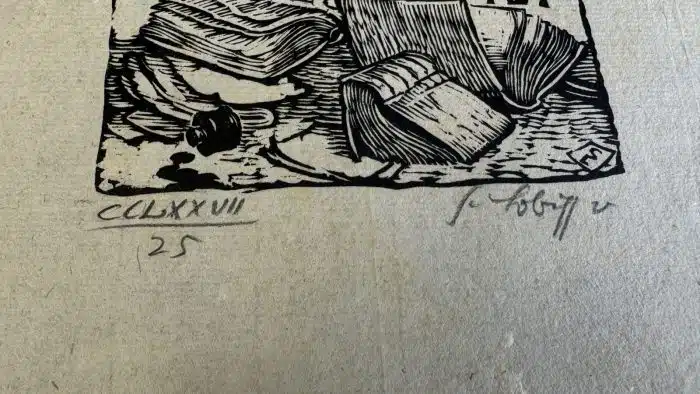 Switbert Lobisser - Holzschnitt - auf altem Brief mit Wasserzeichen Stift St.Paul - Op.277  Privatdozent Eberhard Kranzmayer, Hermi Lang  23x36 cm  signiert nummeriert – Bild 3