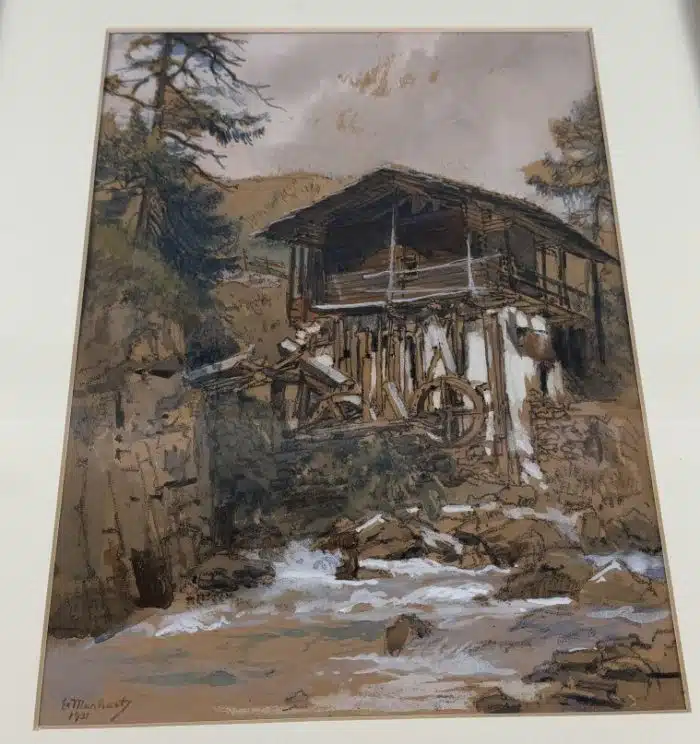 Eduard Manhart (Klagenfurt 1880-1945) Verlassene Mühle - Lesachtal   signiert E. Manhart, datiert 1931, Aquarell auf Papier 47 x 57 cm, gerahmt, – Bild 2