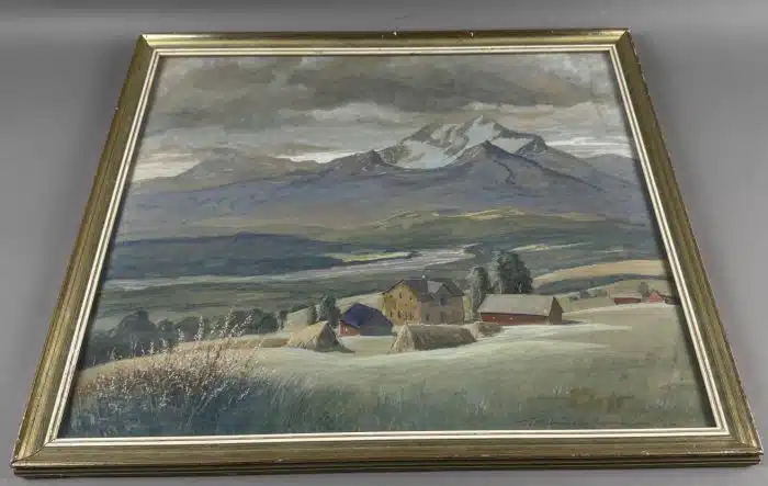 Hermann Poschinger (Ferlach 1886-1965) Draulandschaft Unterkärnten Öl auf Platte signiert Poschinger Hermann, datiert 1942, 58 x 51 cm gerahmt
