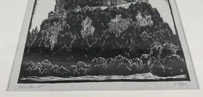 Hubert Schmid (Amstetten 1923 geb.) Holzschnitt Hochosterwitz signiert 41 x 41 cm – Bild 6