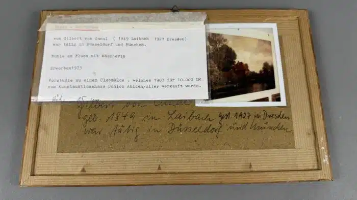 Gilbert von Canal (Laibach 1849-1927 Dresden) Vorstudie -  Mühle am Fluss mit Wäscherin ( Siehe Rückseite ) signiert, gerahmt – Bild 5