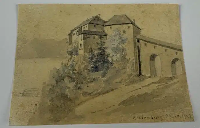 Bleistiftzeichnung - aquarelliert Hollenburg datiert 1927 15 x 11 cm Signaturreste auf der Rückseite