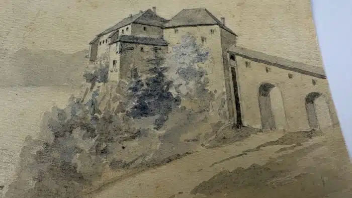 Bleistiftzeichnung - aquarelliert Hollenburg datiert 1927 15 x 11 cm Signaturreste auf der Rückseite – Bild 4