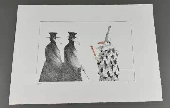 Paul Flora (Glurns 1922-2009 Innsbruck) "Harlekin Mit Pestdoktoren" Steindruck signiert mit Zertifikat von Stecher und Stecher 43 x 30 cm