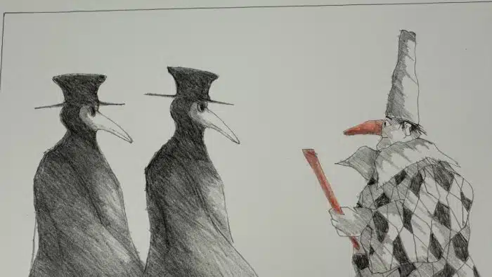 Paul Flora (Glurns 1922-2009 Innsbruck) "Harlekin Mit Pestdoktoren" Steindruck signiert mit Zertifikat von Stecher und Stecher 43 x 30 cm – Bild 3