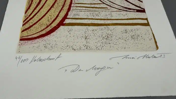 Lisa Huber (Villach 1959 geb., lebt und arbeitet in Berlin/Wien/ Kärnten) Holzschnitt "Der Morgen" 42,5 x 30 cm signiert datier 2003 – Bild 2
