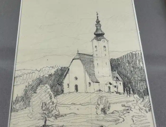 Viktor Mytteis (Schemnitz 1874 – 1936) Bleistiftzeichnung - Kirche St. Klementen am Krappfeld 33 x 26 cm signiert, gerahmt – Bild 4