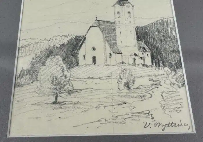 Viktor Mytteis (Schemnitz 1874 – 1936) Bleistiftzeichnung - Kirche St. Klementen am Krappfeld 33 x 26 cm signiert, gerahmt – Bild 5