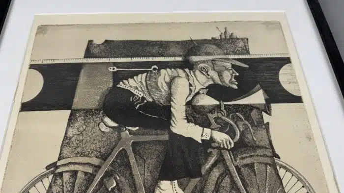 Erich Smodics (Bregenz 1941 geb.) Handsign., 1973 dat. und num. (Ex. 194/200). Rennradfahrer. Radierung mit Aquatinta auf Bütten. Pl. 29,8 x 29,8 cm  verglast, gerahmt – Bild 5