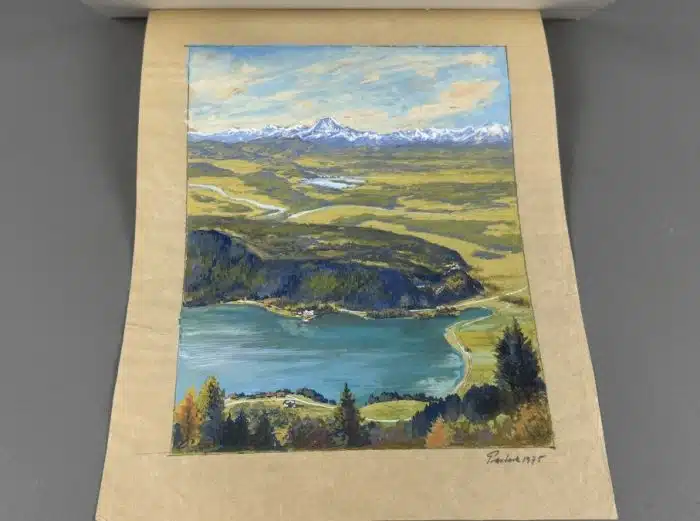 Pasterk - Aquarell Gouage Ossiachersee mit Ruine Landskron 1975 25,5 x 19 cm – Bild 3