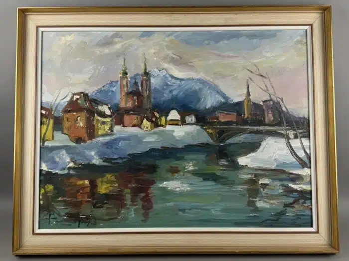 Pillich - Villach - Villach mit Kreuzkirche, im Hintergrund der Bleiberg -  Öl auf Platte signiert  81 x 64 cm gerahmt, signiert