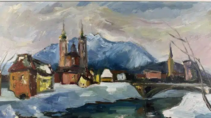 Pillich - Villach - Villach mit Kreuzkirche, im Hintergrund der Bleiberg -  Öl auf Platte signiert  81 x 64 cm gerahmt, signiert – Bild 3