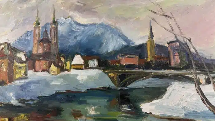 Pillich - Villach - Villach mit Kreuzkirche, im Hintergrund der Bleiberg -  Öl auf Platte signiert  81 x 64 cm gerahmt, signiert – Bild 4