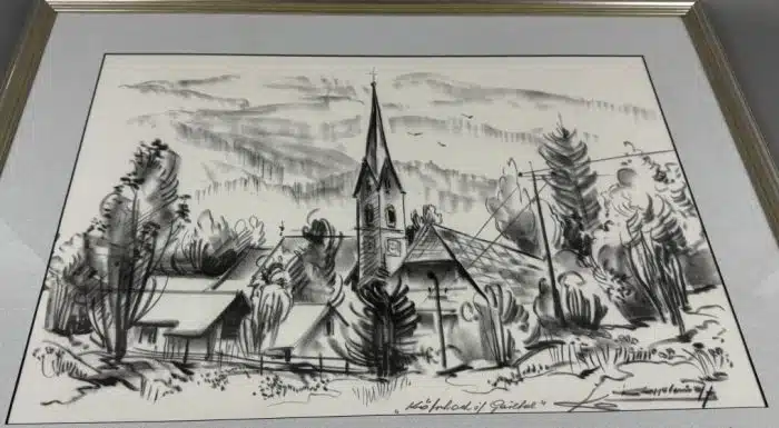 Franz Kaplenig (Kötschach-Mauthen 1924-2007 Klagenfurt) "Kötschach im Gailtale" Kohlezeichnung auf Papier 66 x 49 cm signiert, – Bild 2