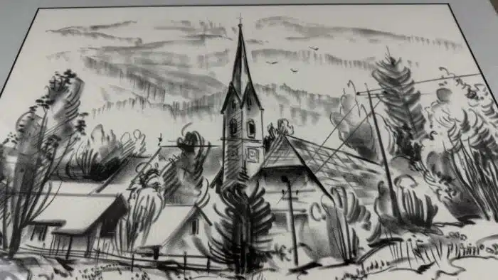 Franz Kaplenig (Kötschach-Mauthen 1924-2007 Klagenfurt) "Kötschach im Gailtale" Kohlezeichnung auf Papier 66 x 49 cm signiert, – Bild 5