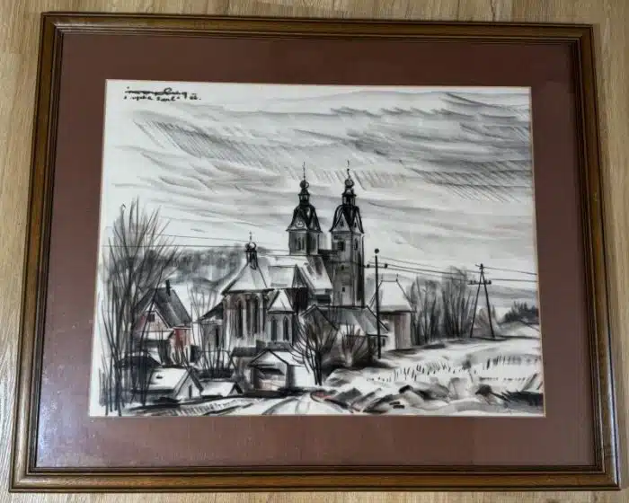 Franz Kaplenig (Kötschach-Mauthen 1924-2007 Klagenfurt) " Maria Saal " Aquarelierte Kohlezeichnung auf Papier  80 x 65 cm Blatt 60 x 45 cm signiert, datiert 1982