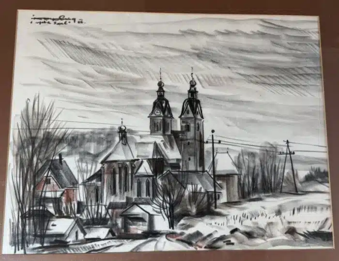 Franz Kaplenig (Kötschach-Mauthen 1924-2007 Klagenfurt) " Maria Saal " Aquarelierte Kohlezeichnung auf Papier  80 x 65 cm Blatt 60 x 45 cm signiert, datiert 1982 – Bild 2