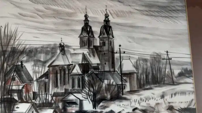 Franz Kaplenig (Kötschach-Mauthen 1924-2007 Klagenfurt) " Maria Saal " Aquarelierte Kohlezeichnung auf Papier  80 x 65 cm Blatt 60 x 45 cm signiert, datiert 1982 – Bild 4