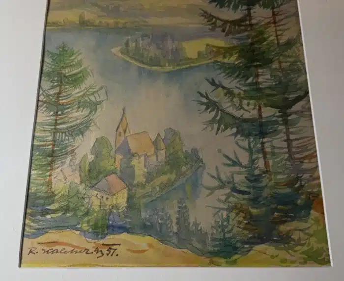 Raimund Kalcher (Villach 1889-1959)  Maria Wörth mit Wörthersee signiert Kalcher, datiert 57, 63 x 53 cm Bild 42 x 29 cm – Bild 2