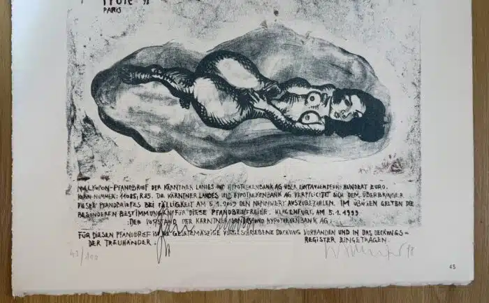  Wolfgang Walkensteiner (Klagenfurt 1949 geb.) Lithographie Troie 89 - Kunstpfandbrief der ehemaligen Kärntner Hypo Bank - 45 / 100 signiert 66 x 50 cm – Bild 2