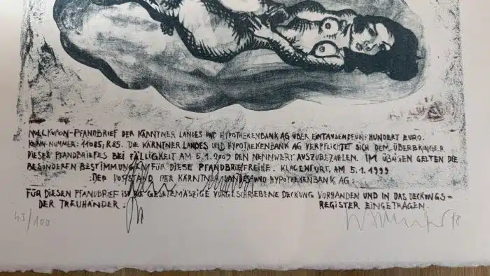  Wolfgang Walkensteiner (Klagenfurt 1949 geb.) Lithographie Troie 89 - Kunstpfandbrief der ehemaligen Kärntner Hypo Bank - 45 / 100 signiert 66 x 50 cm – Bild 5