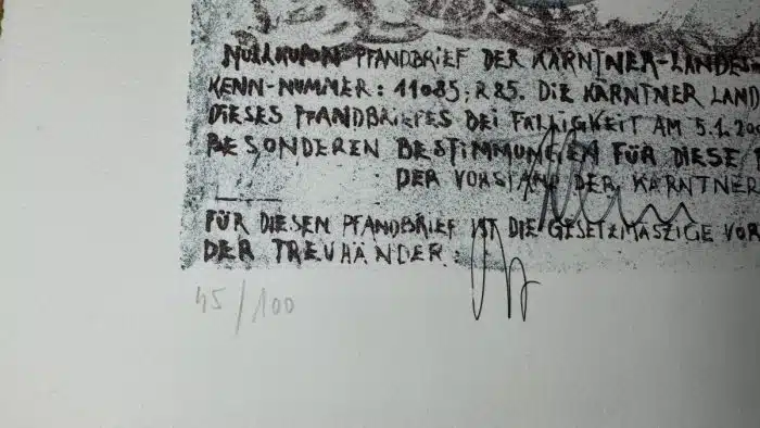  Wolfgang Walkensteiner (Klagenfurt 1949 geb.) Lithographie Troie 89 - Kunstpfandbrief der ehemaligen Kärntner Hypo Bank - 45 / 100 signiert 66 x 50 cm – Bild 4