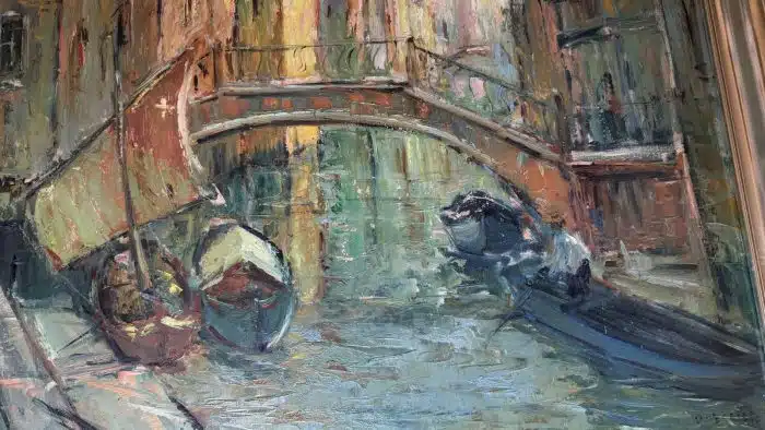 Venedig - Öl auf Platte signiert, 92 x 82 cm Bild 82 x 72 cm unleserlich signiert – Bild 4