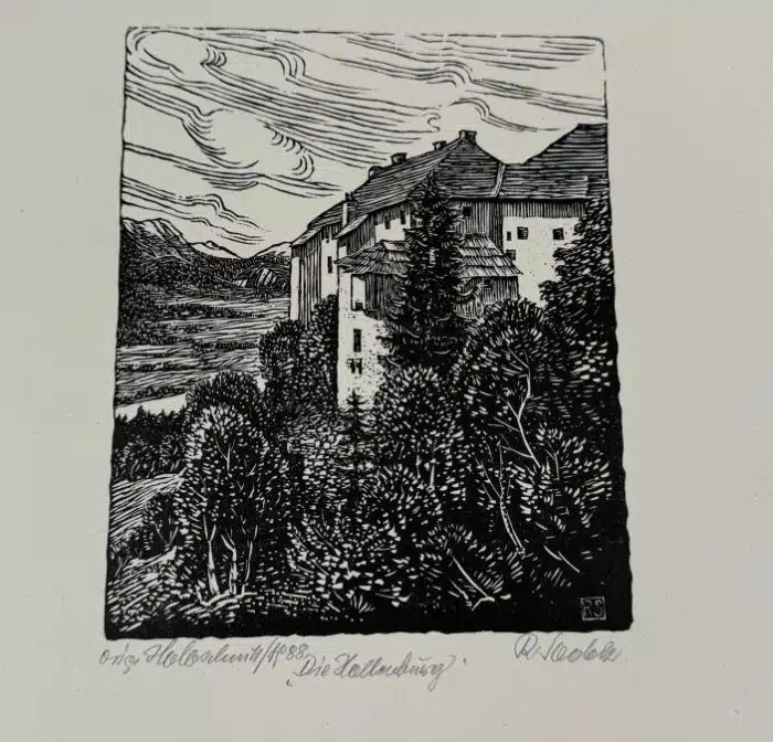 Rudolf Sodek (Althofen 1916-2004) Holzschnitt handsigniert R Sodek 1988 Die Hollenburg 43 x 35 cm – Bild 2