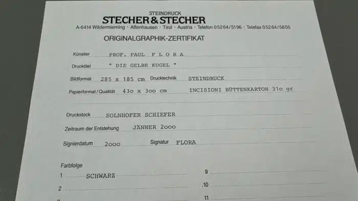 Paul Flora (Glurns 1922-2009 Innsbruck) Lithografie, signiert Flora, die Nr.46/120 Steindruck signiert mit Zertifikat von Stecher und Stecher 43 x 30 cm – Bild 7